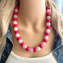 Load image into Gallery viewer, Hot Pink &amp; Blush Pink Chunky Statement Necklace, Big beaded jewelry, single strand Statement Necklace, chunky pink bib jewelry