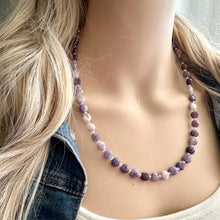 Load image into Gallery viewer, Purple Quartz Gemstone Single Strand Beaded Statement Necklace, cream beaded necklace, bridesmaid jewelry layering clear glass 1