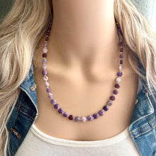 Load image into Gallery viewer, Purple Quartz Gemstone Single Strand Beaded Statement Necklace, cream beaded necklace, bridesmaid jewelry layering clear glass 1