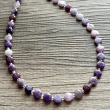 Load image into Gallery viewer, Purple Quartz Gemstone Single Strand Beaded Statement Necklace, cream beaded necklace, bridesmaid jewelry layering clear glass 1