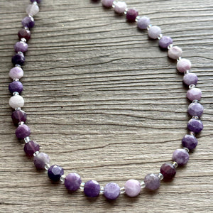 Purple Quartz Gemstone Single Strand Beaded Statement Necklace, cream beaded necklace, bridesmaid jewelry layering clear glass 1