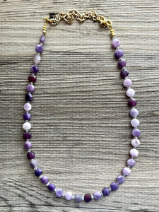 Purple Quartz Gemstone Single Strand Beaded Statement Necklace, cream beaded necklace, bridesmaid jewelry layering clear glass 1