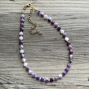 Purple Quartz Gemstone Single Strand Beaded Statement Necklace, cream beaded necklace, bridesmaid jewelry layering clear glass 1