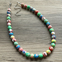 Load image into Gallery viewer, Clay Handmade Beaded Statement Long Necklace, bright colors rainbow Necklace, 1 Strand Statement geometric ball bubble gum bead red green