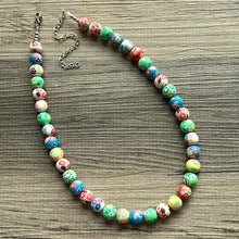 Load image into Gallery viewer, Clay Handmade Beaded Statement Long Necklace, bright colors rainbow Necklace, 1 Strand Statement geometric ball bubble gum bead red green