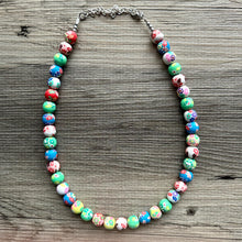 Load image into Gallery viewer, Clay Handmade Beaded Statement Long Necklace, bright colors rainbow Necklace, 1 Strand Statement geometric ball bubble gum bead red green