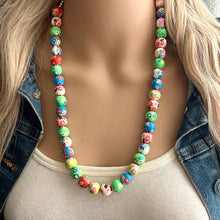 Load image into Gallery viewer, Clay Handmade Beaded Statement Long Necklace, bright colors rainbow Necklace, 1 Strand Statement geometric ball bubble gum bead red green