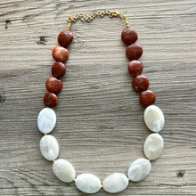 Load image into Gallery viewer, Bourbon Brown &amp; Gold Cream Long Necklace, dark brown bead necklace, single strand bib necklace, resin statement layering jewelry chocolate