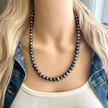 Load image into Gallery viewer, Natural Cultured Freshwater Pearl Beaded Rainbow Chunky Statement Necklace, black purple blue single strand, black necklace, bubble jewelry