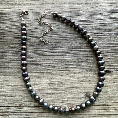 Natural Cultured Freshwater Pearl Beaded Rainbow Chunky Statement Necklace, black purple blue single strand, black necklace, bubble jewelry