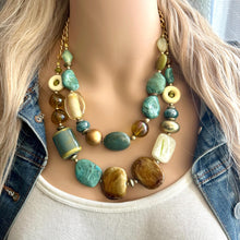 Load image into Gallery viewer, Stone Wood &amp; Gold statement necklace, chunky bib beaded jewelry multi strand neutral, blue green thick bib vintage, brown gold yellow