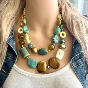 Stone Wood & Gold statement necklace, chunky bib beaded jewelry multi strand neutral, blue green thick bib vintage, brown gold yellow