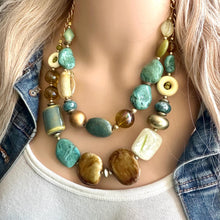 Load image into Gallery viewer, Stone Wood &amp; Gold statement necklace, chunky bib beaded jewelry multi strand neutral, blue green thick bib vintage, brown gold yellow