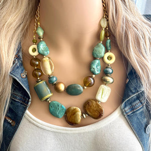 Stone Wood & Gold statement necklace, chunky bib beaded jewelry multi strand neutral, blue green thick bib vintage, brown gold yellow