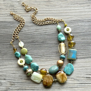 Stone Wood & Gold statement necklace, chunky bib beaded jewelry multi strand neutral, blue green thick bib vintage, brown gold yellow