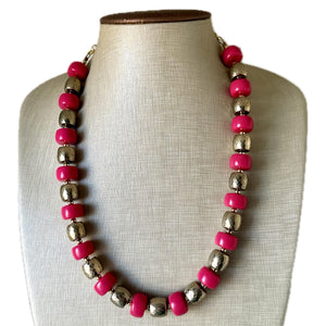 Pink & Gold Chunky Statement Necklace, Pink geometric beaded jewelry, single Strand Bib Necklace, lipstick pink hot pink magenta gold