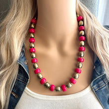 Load image into Gallery viewer, Pink &amp; Gold Chunky Statement Necklace, Pink geometric beaded jewelry, single Strand Bib Necklace, lipstick pink hot pink magenta gold