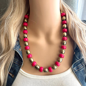 Pink & Gold Chunky Statement Necklace, Pink geometric beaded jewelry, single Strand Bib Necklace, lipstick pink hot pink magenta gold