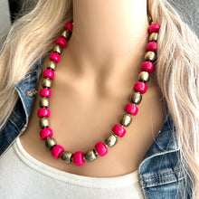 Load image into Gallery viewer, Pink &amp; Gold Chunky Statement Necklace, Pink geometric beaded jewelry, single Strand Bib Necklace, lipstick pink hot pink magenta gold