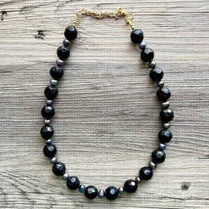 Long Black Pearl & Glass Beaded Statement Necklace, Chunky 1 Strand Jewelry, layering long bib beaded thick collar bead round bubblegum