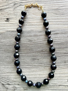 Long Black Pearl & Glass Beaded Statement Necklace, Chunky 1 Strand Jewelry, layering long bib beaded thick collar bead round bubblegum