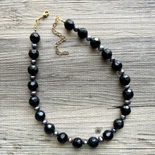 Load image into Gallery viewer, Long Black Pearl &amp; Glass Beaded Statement Necklace, Chunky 1 Strand Jewelry, layering long bib beaded thick collar bead round bubblegum