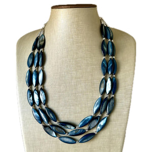 Chunky Multi Strand Blue Shell Statement Necklace, deep blue oval beaded jewelry, shell necklace, blue jewelry necklace dark blue