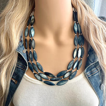 Load image into Gallery viewer, Chunky Multi Strand Blue Shell Statement Necklace, deep blue oval beaded jewelry, shell necklace, blue jewelry necklace dark blue