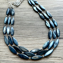 Load image into Gallery viewer, Chunky Multi Strand Blue Shell Statement Necklace, deep blue oval beaded jewelry, shell necklace, blue jewelry necklace dark blue