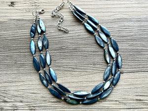 Chunky Multi Strand Blue Shell Statement Necklace, deep blue oval beaded jewelry, shell necklace, blue jewelry necklace dark blue