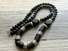 Load image into Gallery viewer, Vintage Long Earthy Geometric Necklace, single Strand Statement Jewelry, everyday black gold layering beaded Heishi necklace