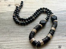 Load image into Gallery viewer, Vintage Long Earthy Geometric Necklace, single Strand Statement Jewelry, everyday black gold layering beaded Heishi necklace