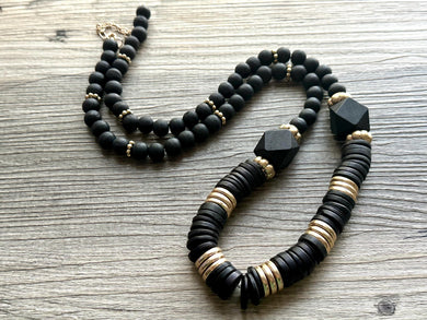 Vintage Long Earthy Geometric Necklace, single Strand Statement Jewelry, everyday black gold layering beaded Heishi necklace