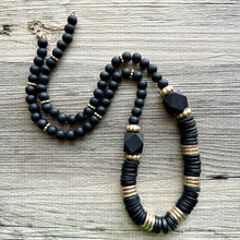 Load image into Gallery viewer, Vintage Long Earthy Geometric Necklace, single Strand Statement Jewelry, everyday black gold layering beaded Heishi necklace