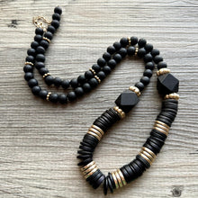 Load image into Gallery viewer, Vintage Long Earthy Geometric Necklace, single Strand Statement Jewelry, everyday black gold layering beaded Heishi necklace