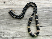 Load image into Gallery viewer, Vintage Long Earthy Geometric Necklace, single Strand Statement Jewelry, everyday black gold layering beaded Heishi necklace