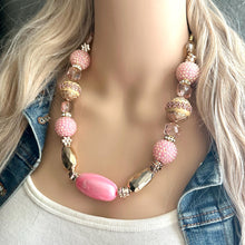 Load image into Gallery viewer, Pink &amp; Gold Chunky Statement Necklace, Pink and gold beaded jewelry, single Strand Bib Necklace, Beaded necklace, RoseGold blush light pink