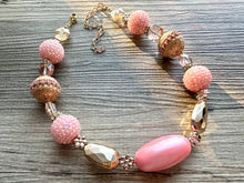 Load image into Gallery viewer, Pink &amp; Gold Chunky Statement Necklace, Pink and gold beaded jewelry, single Strand Bib Necklace, Beaded necklace, RoseGold blush light pink