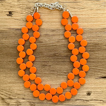 Load image into Gallery viewer, Crisp Harvest Statement Necklace, fall colors Hot Orange Necklace, 2 Strand Statement necklace, vintage wood chunky orange red neon