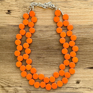 Crisp Harvest Statement Necklace, fall colors Hot Orange Necklace, 2 Strand Statement necklace, vintage wood chunky orange red neon