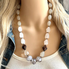 Load image into Gallery viewer, Neutral Long Big Bead Necklace, single Strand Statement Jewelry, gray Chunky bib, bridesmaid necklace, brown jewelry, beaded cream