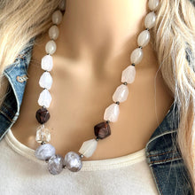 Load image into Gallery viewer, Neutral Long Big Bead Necklace, single Strand Statement Jewelry, gray Chunky bib, bridesmaid necklace, brown jewelry, beaded cream