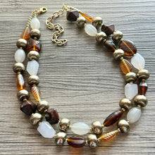 Load image into Gallery viewer, Dessert Bar chunky necklace, tan caramel gold black beaded jewelry, resin beaded Ombré necklace, brown 2 strand statement bib resin bead