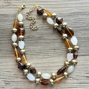 Dessert Bar chunky necklace, tan caramel gold black beaded jewelry, resin beaded Ombré necklace, brown 2 strand statement bib resin bead