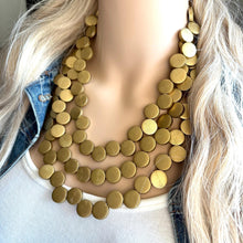 Load image into Gallery viewer, Gold Painted Wood Chunky Statement Necklace, Big beaded jewelry, triple Strand Statement Necklace, Bib necklace, bridesmaid wedding