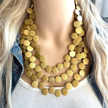 Load image into Gallery viewer, Gold Painted Wood Chunky Statement Necklace, Big beaded jewelry, triple Strand Statement Necklace, Bib necklace, bridesmaid wedding