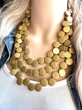 Load image into Gallery viewer, Gold Painted Wood Chunky Statement Necklace, Big beaded jewelry, triple Strand Statement Necklace, Bib necklace, bridesmaid wedding