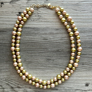 Gold & Champagne Statement Necklace, Pearl jewelry, 2 strand bib chunky necklace, yellow double strand golden bubble formal dressy