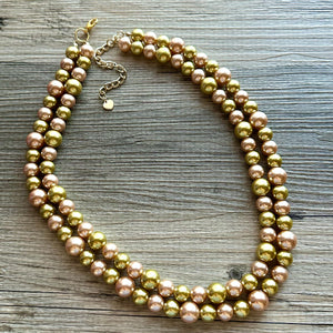 Gold & Champagne Statement Necklace, Pearl jewelry, 2 strand bib chunky necklace, yellow double strand golden bubble formal dressy