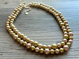 Gold & Champagne Statement Necklace, Pearl jewelry, 2 strand bib chunky necklace, yellow double strand golden bubble formal dressy